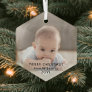 Modern Minimalist Photo Overlay Black Text Hexagon Glass Ornament