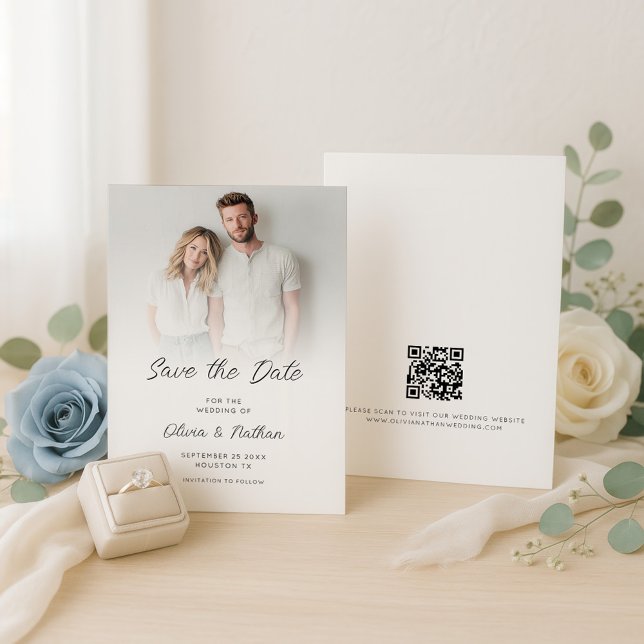 Modern Minimalist Photo Overlay QR Code Wedding Save The Date (Front and back view)