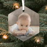 Modern Minimalist Photo Overlay White Text Hexagon Glass Ornament<br><div class="desc">Celebrate the simple joys of the holidays with a custom photo hexagon-shaped glass ornament. Picture and all text on this template are easy to customize to include any wording, such as Merry Christmas, My First Xmas, Best Friends, kids & family names, etc. (IMAGE PLACEMENT TIP: An easy way to center...</div>