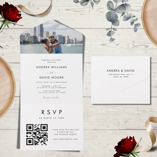 Modern  Minimalist Photo QR Code RSVP Wedding All In One Invitation