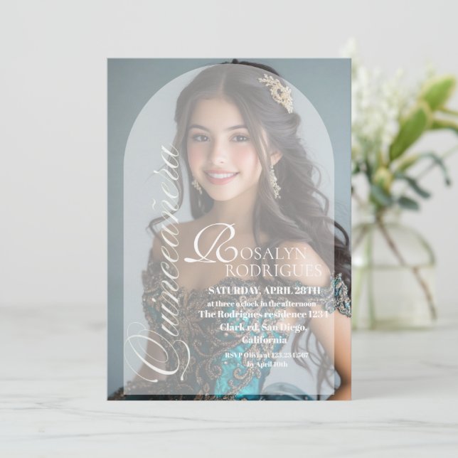 Modern & Minimalist Photo Quinceanera Gold White  Invitation (Standing Front)