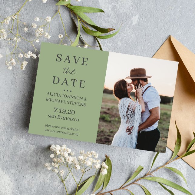 Modern minimalist photo sage wedding save date (Creator Uploaded)