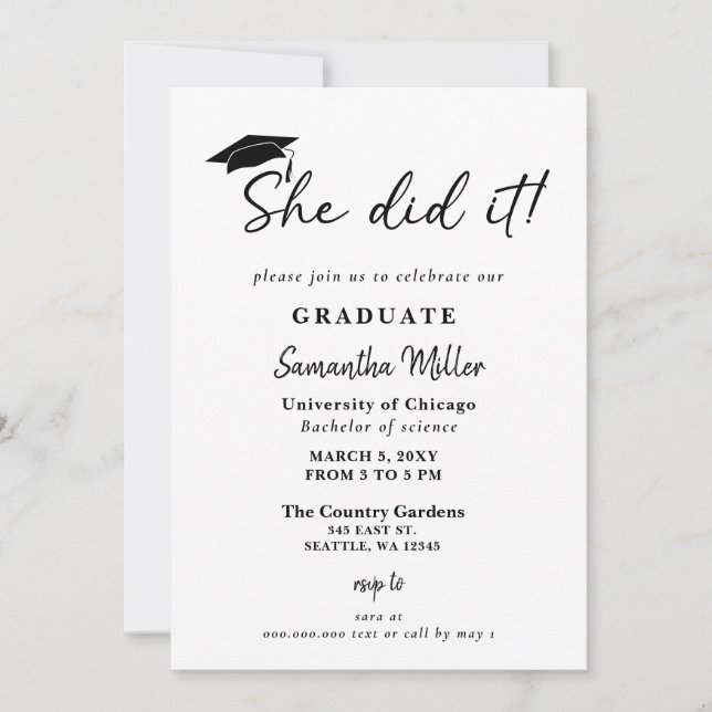 Modern Minimalist Photo She Did It Graduation Invitation (Front)