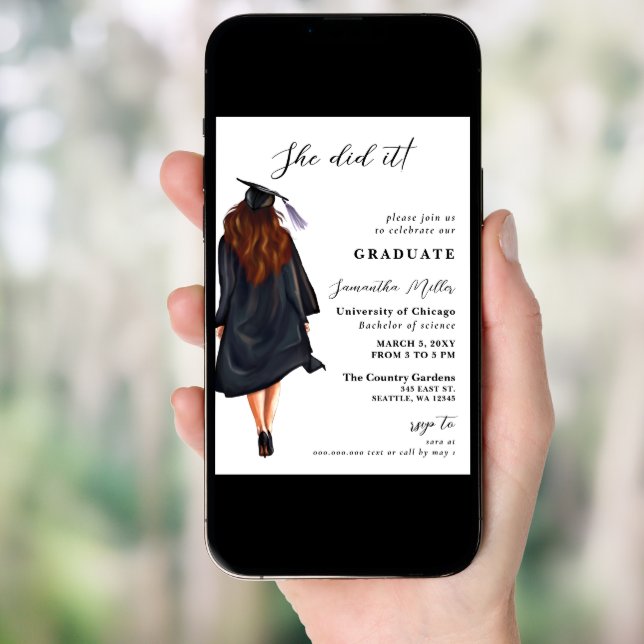 Modern Minimalist Photo She Did It Graduation Invitation (Front Digital)