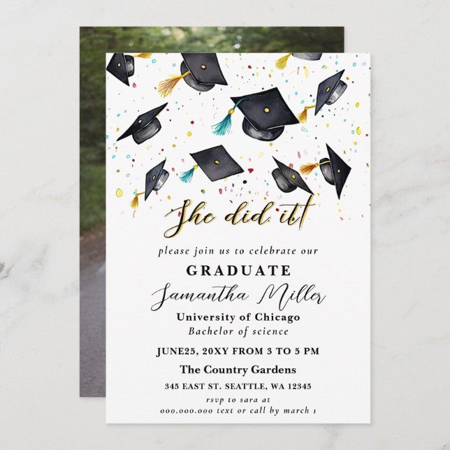 Modern Minimalist Photo She Did It Graduation Invitation (Front/Back)