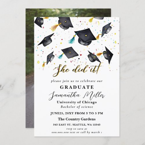 Modern Minimalist Photo She Did It Graduation Invitation