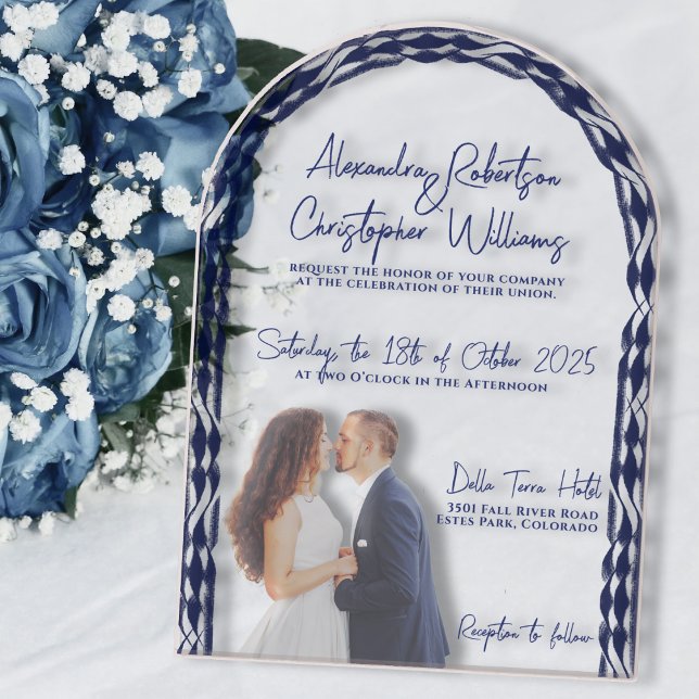 Modern Minimalist Photo & Sleek Script Wedding Acrylic Invitations (In situ)