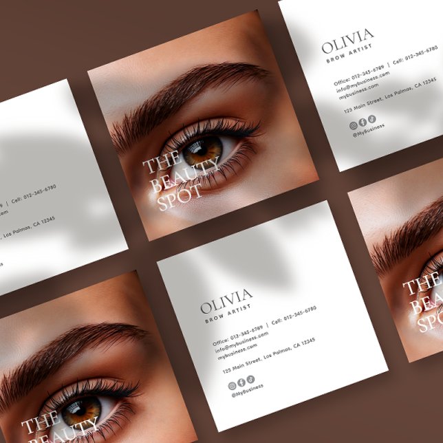 Modern Minimalist Photo & Socials Brow Artist Square Business Card (Creator Uploaded)
