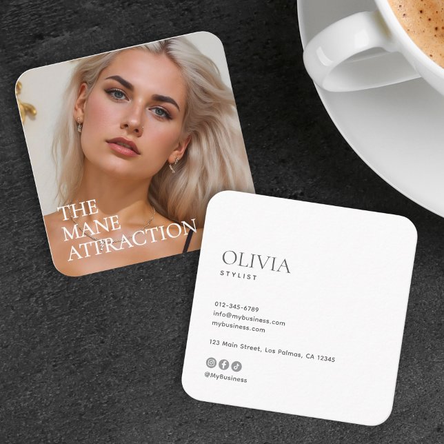 Modern Minimalist Photo & Socials Hair Stylist Square Business Card (Creator Uploaded)