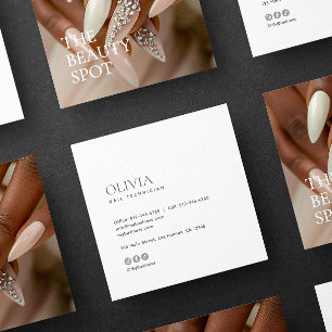Modern Minimalist Photo & Socials Nail Technician Square Business Card