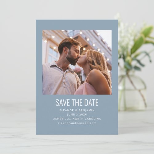 Modern Minimalist Photo Wedding Dusty Blue Save The Date