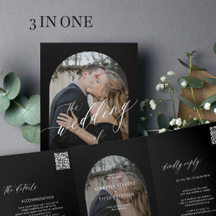 Modern minimalist photo wedding rsvp details black Tri-Fold invitation