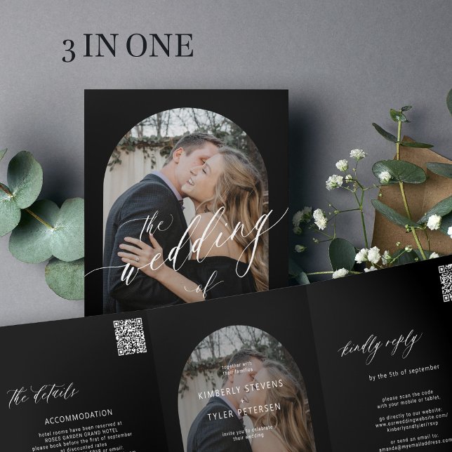 Modern minimalist photo wedding rsvp details black Tri-Fold invitation (Creator Uploaded)