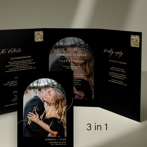 Modern minimalist photo wedding rsvp details black Tri_Fold invitation