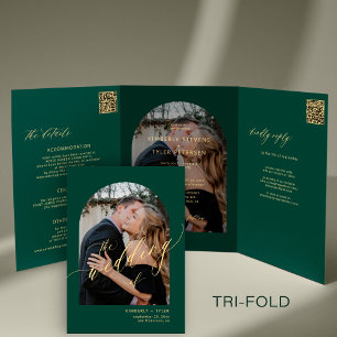 Modern minimalist photo wedding rsvp details green Tri-Fold invitation