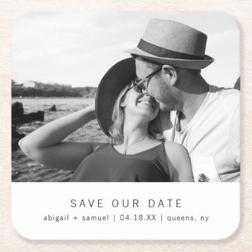 Modern Minimalist Photo Wedding Save the Date Square Paper Coaster
