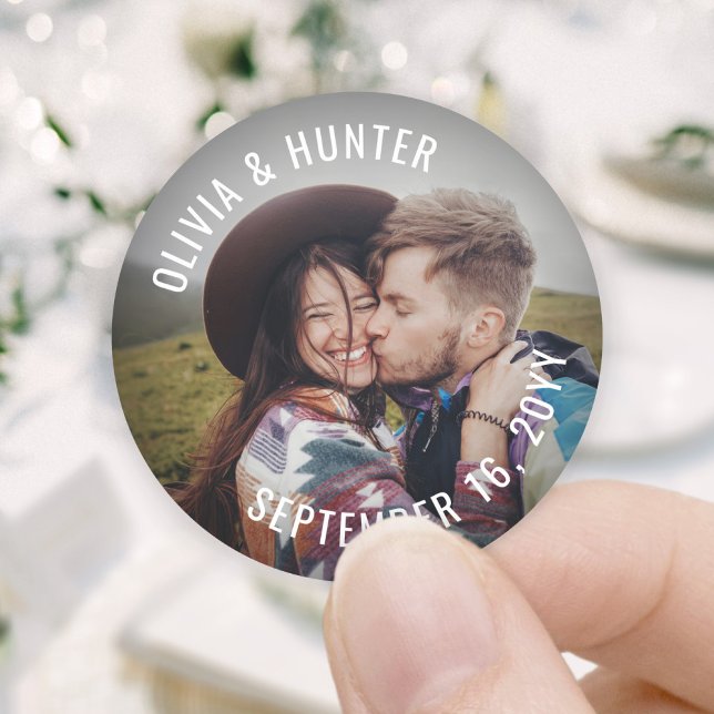 Modern Minimalist Photo Wedding Thank You Favor Classic Round Sticker (Creator Uploaded)