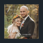 Modern Minimalist Photo Wedding Thank You Magnet<br><div class="desc">The wedding thank you magnet features a modern minimalist bride and groom in autumn season,  colorful foliage in the background. Beautiful handwritten thank you text. The magnet includes the couple's names,  and their wedding date. Great wedding magnet favor for their special day in a simple and heartfelt way.</div>