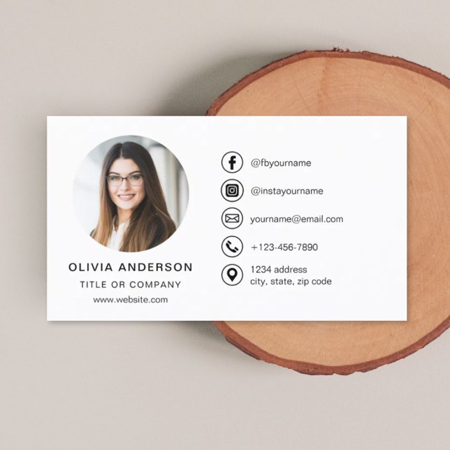 Modern Minimalist Photo with Social Media Icons Business Card (Creator Uploaded)