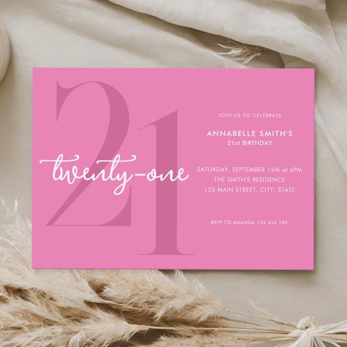 Modern Minimalist Pink 21st Birthday Invitation