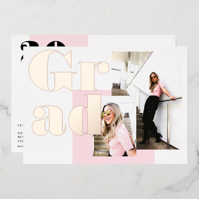 Modern minimalist pink 2 photos graduation foil invitation (Front/Back)