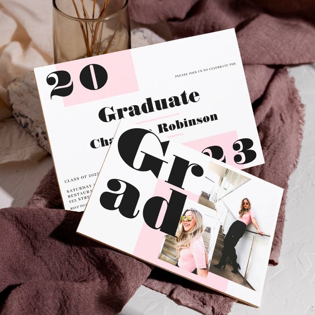 Modern minimalist pink 2 photos graduation invitation (Creator Uploaded)