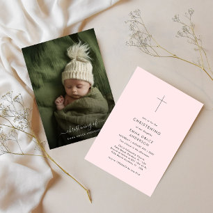 Modern Minimalist Pink Baby Girl Christening Photo Invitation