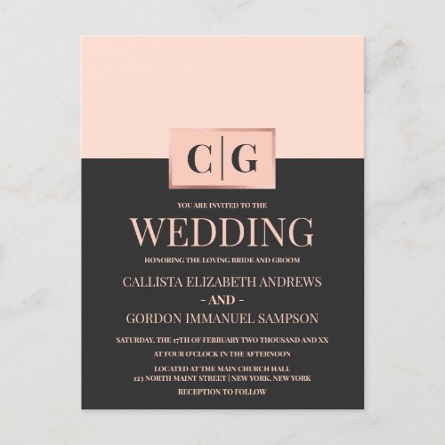 Modern Minimalist Pink Black Color Block Wedding Invitation Postcard
