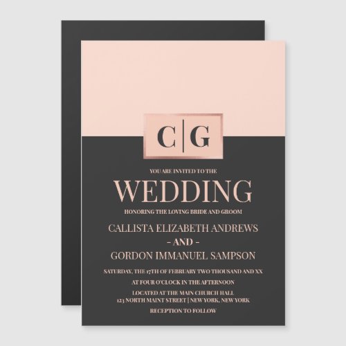 Modern Minimalist Pink Black Color Block Wedding Magnetic Invitation