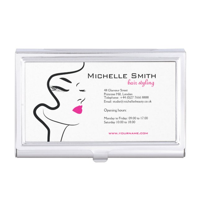 Modern Minimalist Pink Black Hair Beauty Salon Business Card Case (Front)