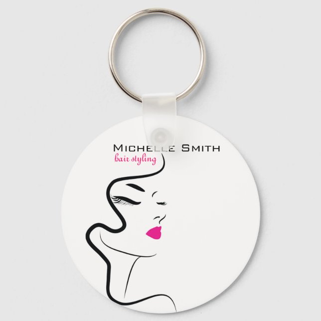 Modern Minimalist Pink Black Hair Beauty Salon  Keychain (Front)