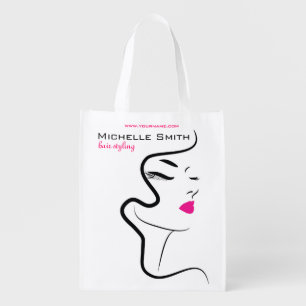 Modern Minimalist Pink Black Hair Beauty Salon Reusable Grocery Bag