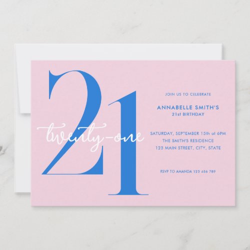 Modern Minimalist Pink Blue 21st Birthday Invitation