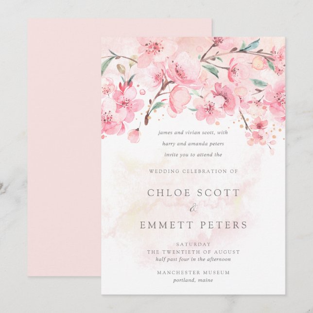 Modern Minimalist Pink Cherry Blossom Wedding Invi Invitation (Front/Back)