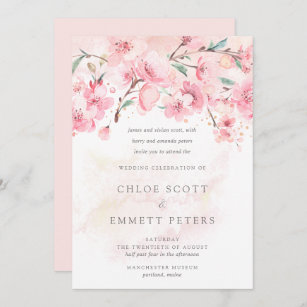 Modern Minimalist Pink Cherry Blossom Wedding Invi Invitation