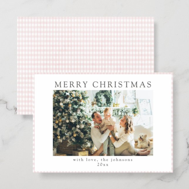 Modern Minimalist Pink Family Christmas Holiday Letterpress Photo Cards (Front/Back)