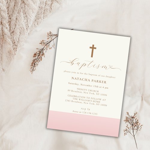 Modern Minimalist Pink Gold Cross Baptism Invitation