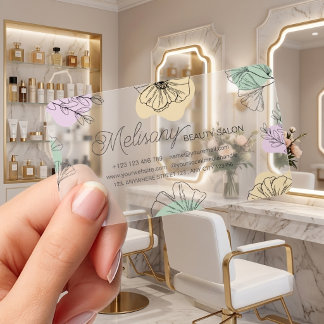 Modern Minimalist Pink Gold Green Floral Line Art Clear Business Cards
