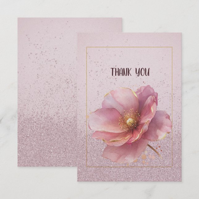 Modern Minimalist Pink Gold Poppy Wedding Thank You Card (Front/Back)