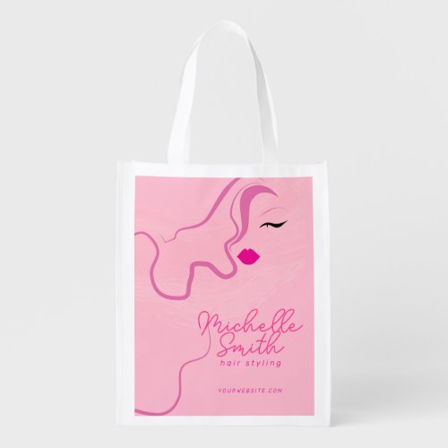 Modern minimalist pink hair styling wavy hairstyle grocery bag
