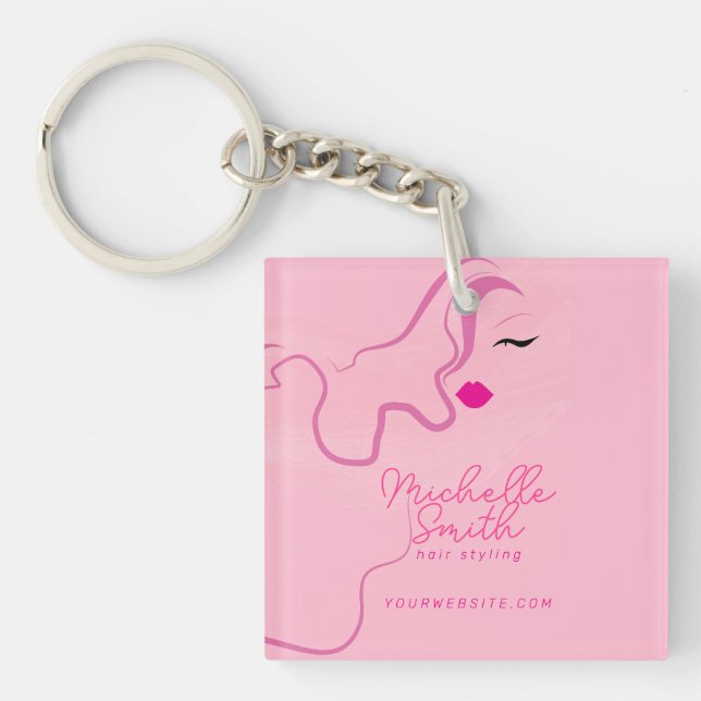 Modern minimalist pink hair styling wavy hairstyle keychain (Front)