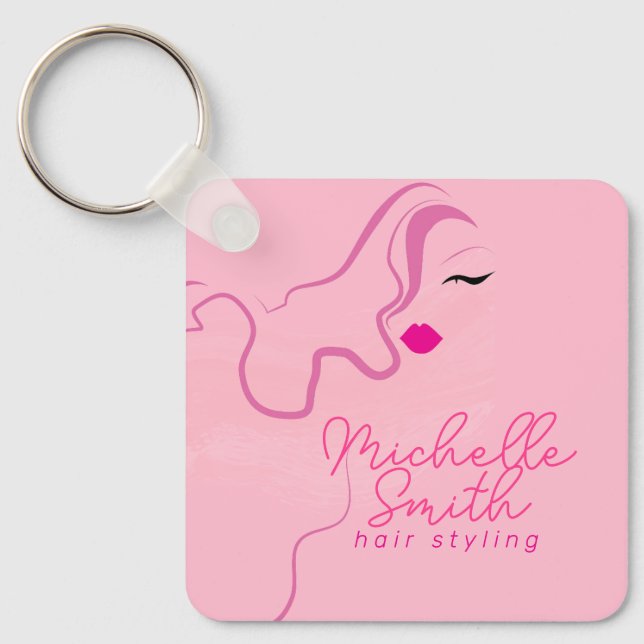 Modern minimalist pink hair styling wavy QR Keychain (Front)
