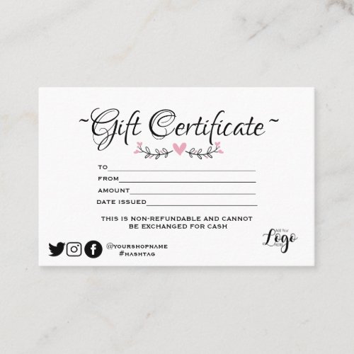 Modern minimalist pink heart  Gift certificate