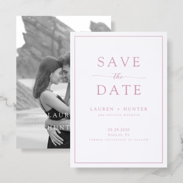 Modern Minimalist Pink Photo Wedding Save the Date Letterpress Photo Cards (Front/Back)