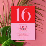 Modern Minimalist Pink Red 16th Birthday Invitation<br><div class="desc">Modern minimalist 16th birthday invitation featuring simple design with elegant chic typography in pink and red color.</div>