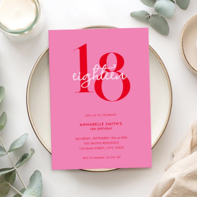 Modern Minimalist Pink Red 18th Birthday Invitation (Creator Uploaded)