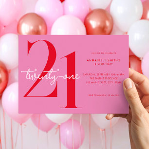 Modern Minimalist Pink Red 21st Birthday Invitation