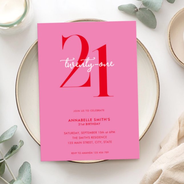 Modern Minimalist Pink Red 21st Birthday Invitation (Creator Uploaded)