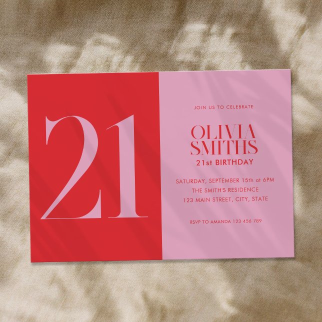 Modern Minimalist Pink Red 21st Birthday Invitation (Creator Uploaded)