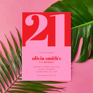 Modern Minimalist Pink Red 21st Birthday Invitation